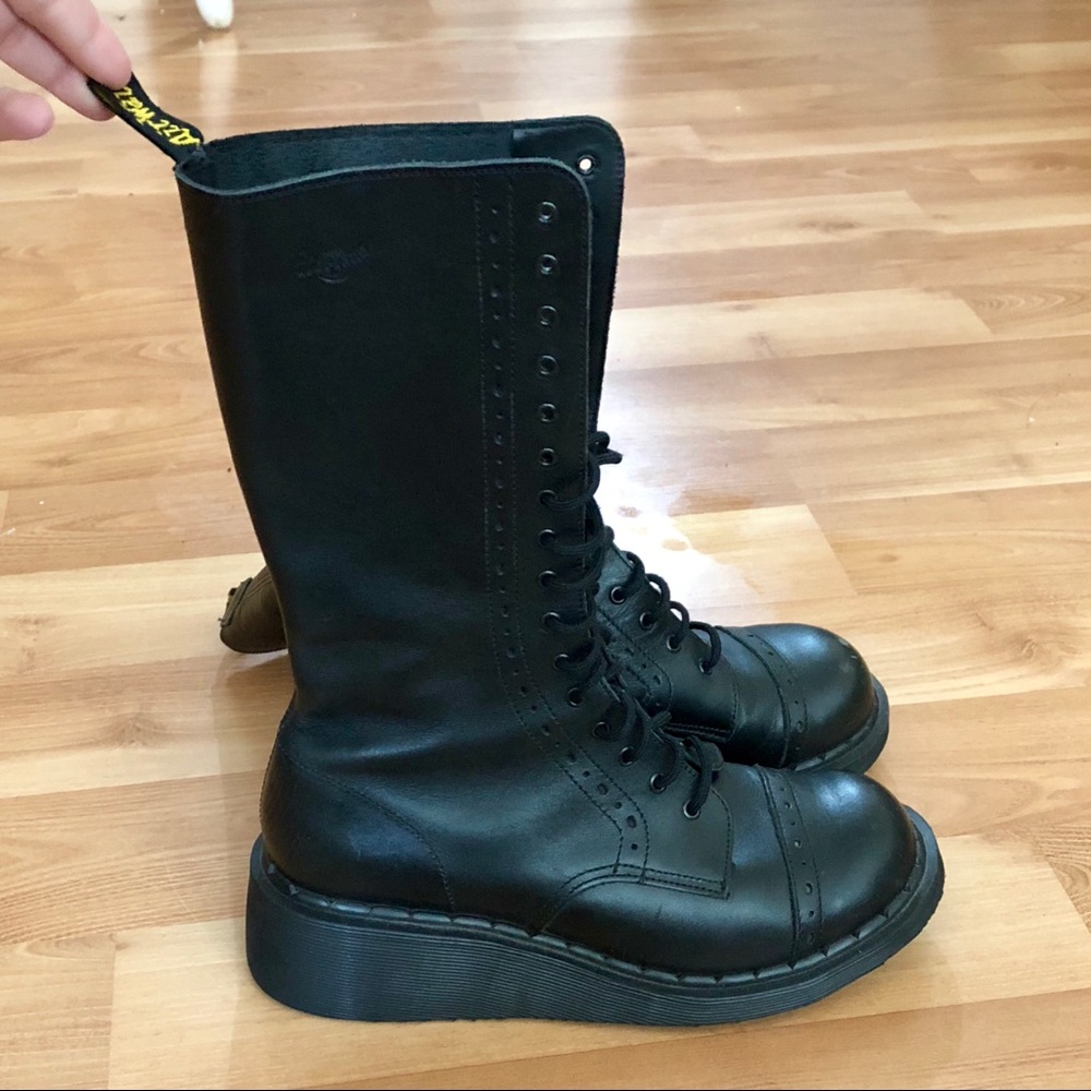 Dr. Martens Black 16 Eye Cap Toe Wedge Tall Boot